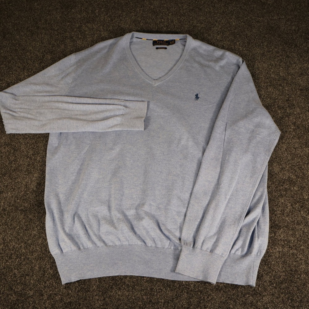 Polo Ralph Lauren Men XL Blue Pima Cotton V-Neck Pony Logo Sweater